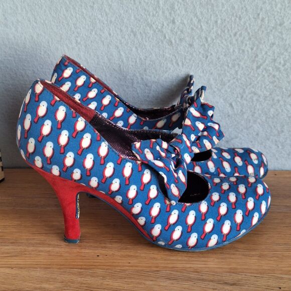 Irregular Choice Women 40 US 9 Canvas Bird Mary Jane Bow Retro Pinup Heels Pumps - Picture 16 of 16
